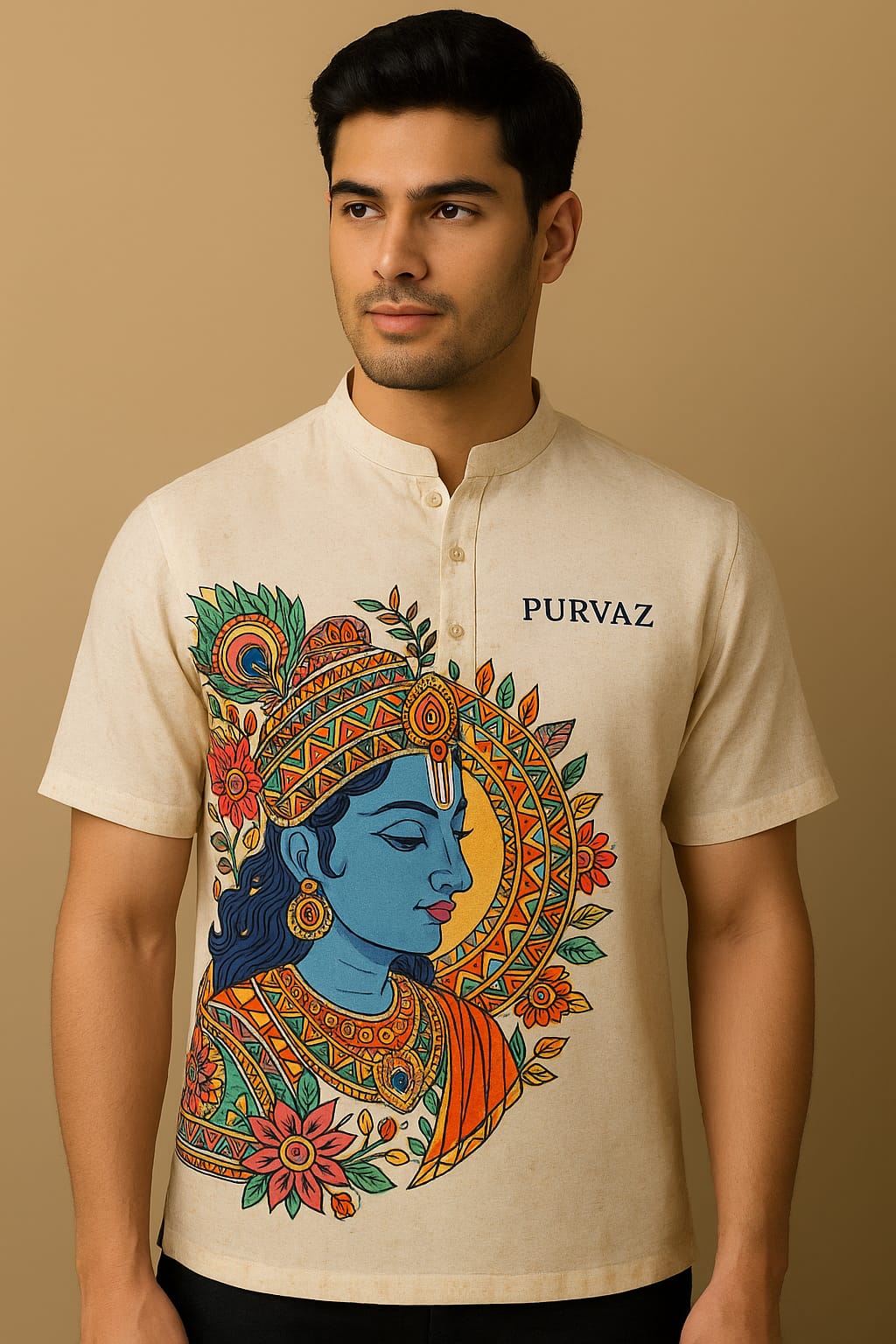 Krishna Art Printed Short Kurta – Ethnic Elegance by Purvaz